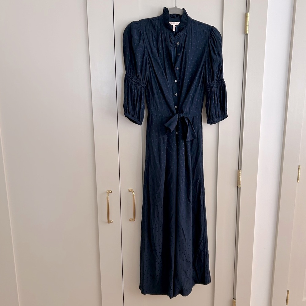 Rebecca Taylor 100% Silk Cheetah Jacquard Jumpsuit Navy Boho Preppy Womens Sz 2